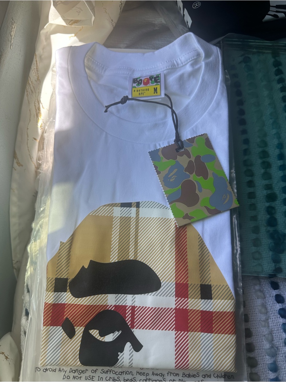 A Bathing Ape White Short-Sleeve Graphic Tee - Plaid Ape Motif